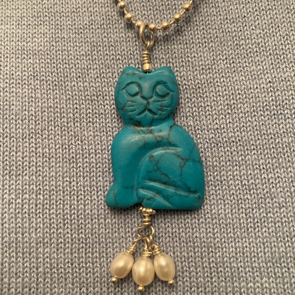 CAT LADY Jewelry Necklace with Pearls -and 18” bead chain Handmase! Great gift!